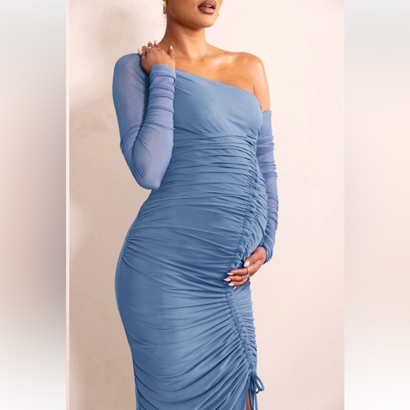 Powder blue maternity asymmetrical ruched dress - Picture 3 of 4